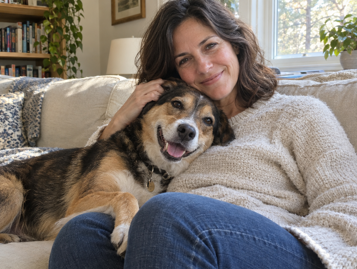 A woman cuddling her dog on the sofa