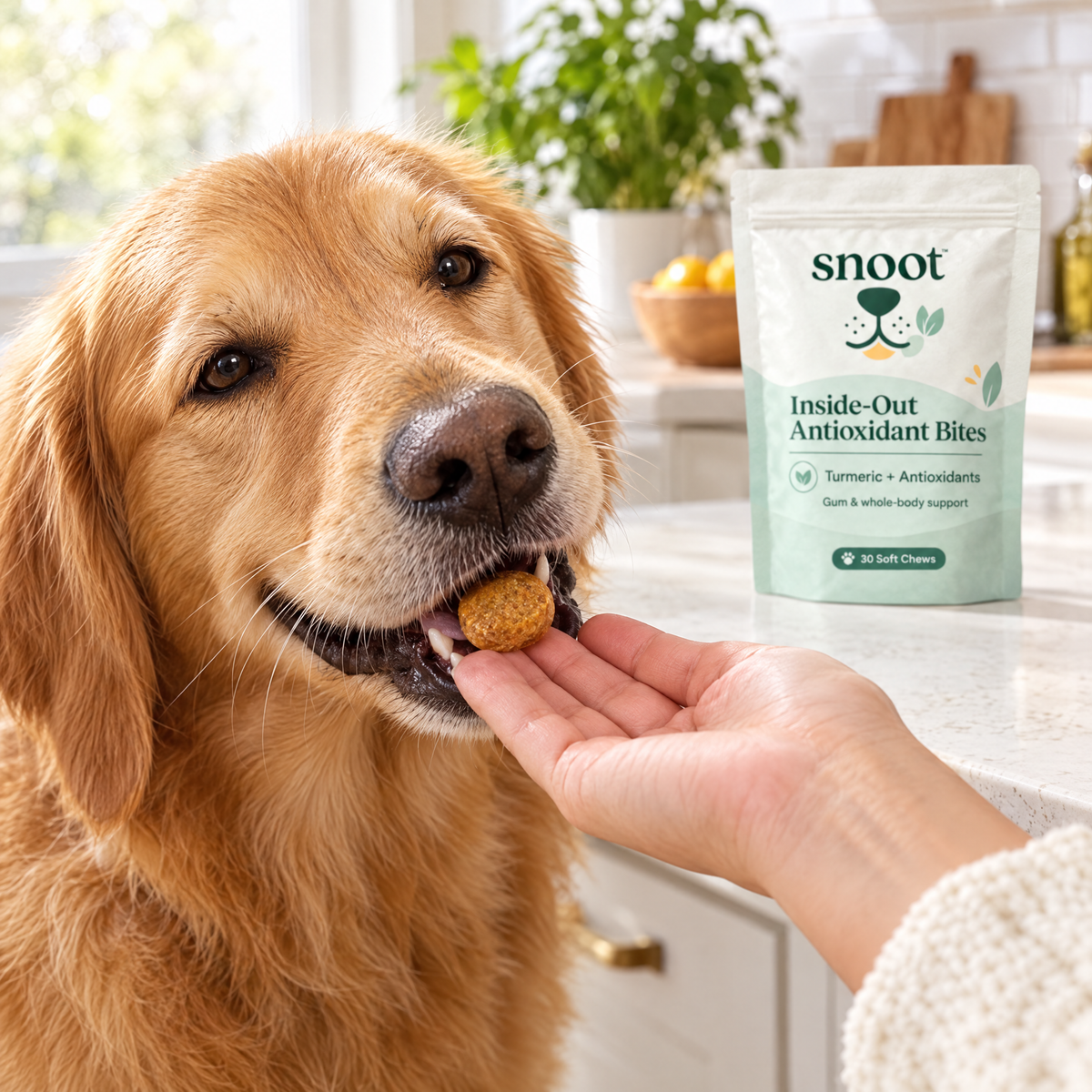 Golden retriever taking an Antioxidant Chew