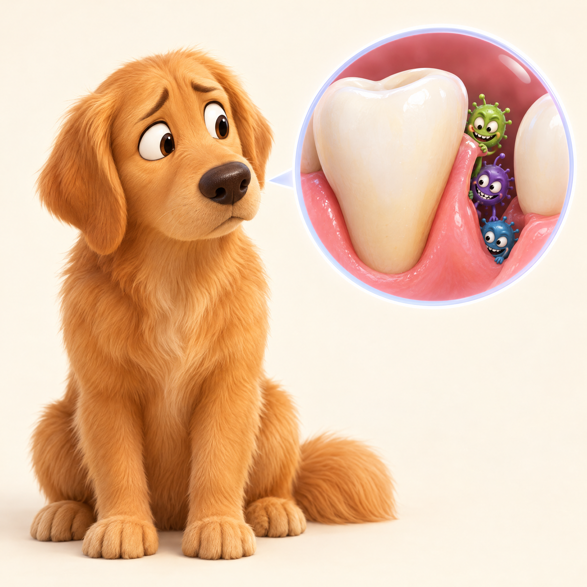Worried dog looking at germs sneaking into a gum gap