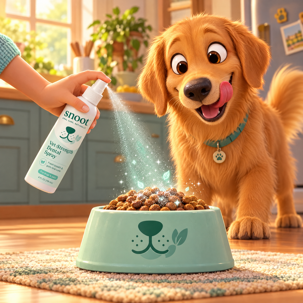 Cartoon owner spraying Snoot on dinner