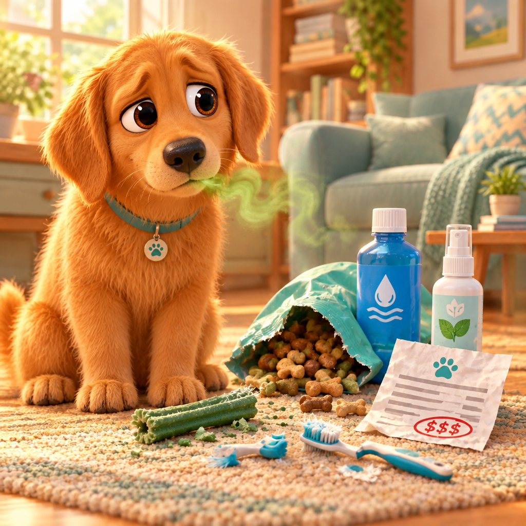 Sad dog next to chews, drops, sprays and a toothbrush that didn't work